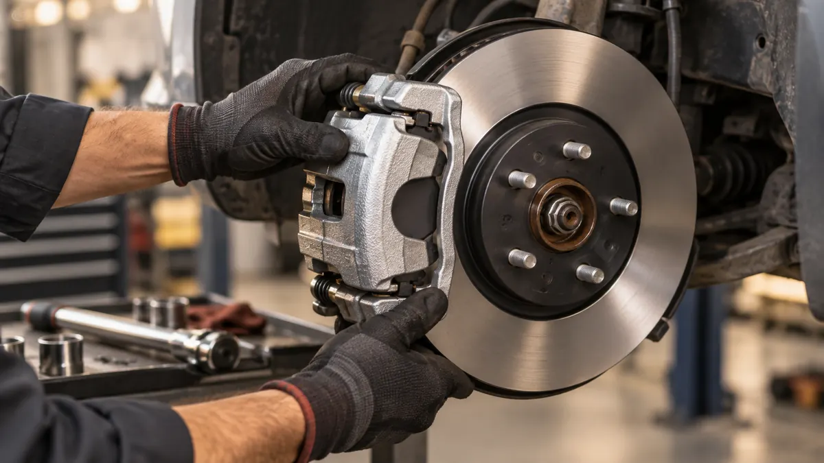 A technician's gloved hands fitting a new brake rotor